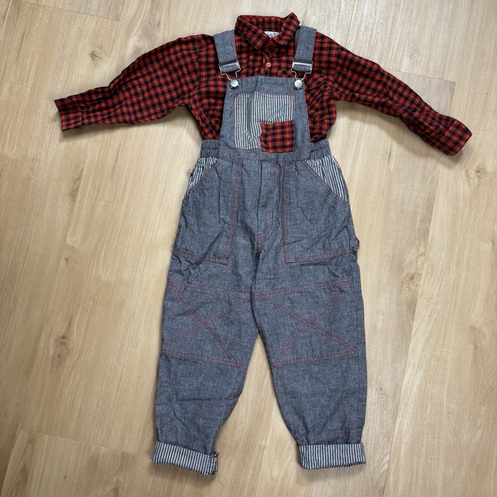 Vintage Choozie 4T Boys Denim Overall Outfit Red Buffalo Plaid Button Up Cuffs